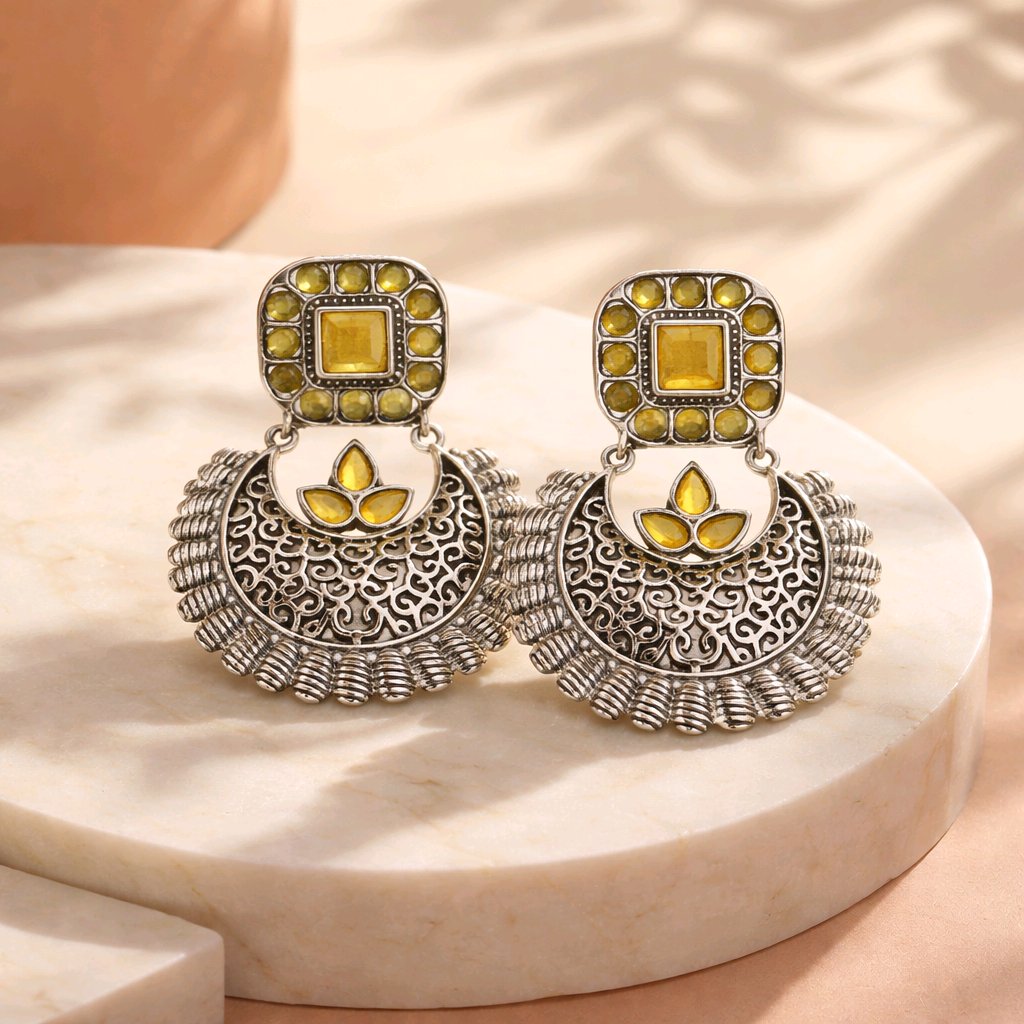 Aarvika Oxidised Silver Oxidized Yellow Stone Drop Earrings – close-up detail