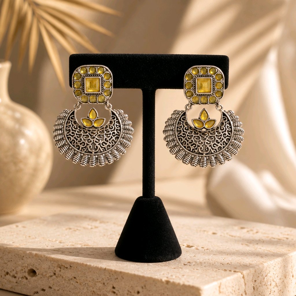 Aarvika Oxidised Silver Oxidized Yellow Stone Drop Earrings – model wearing