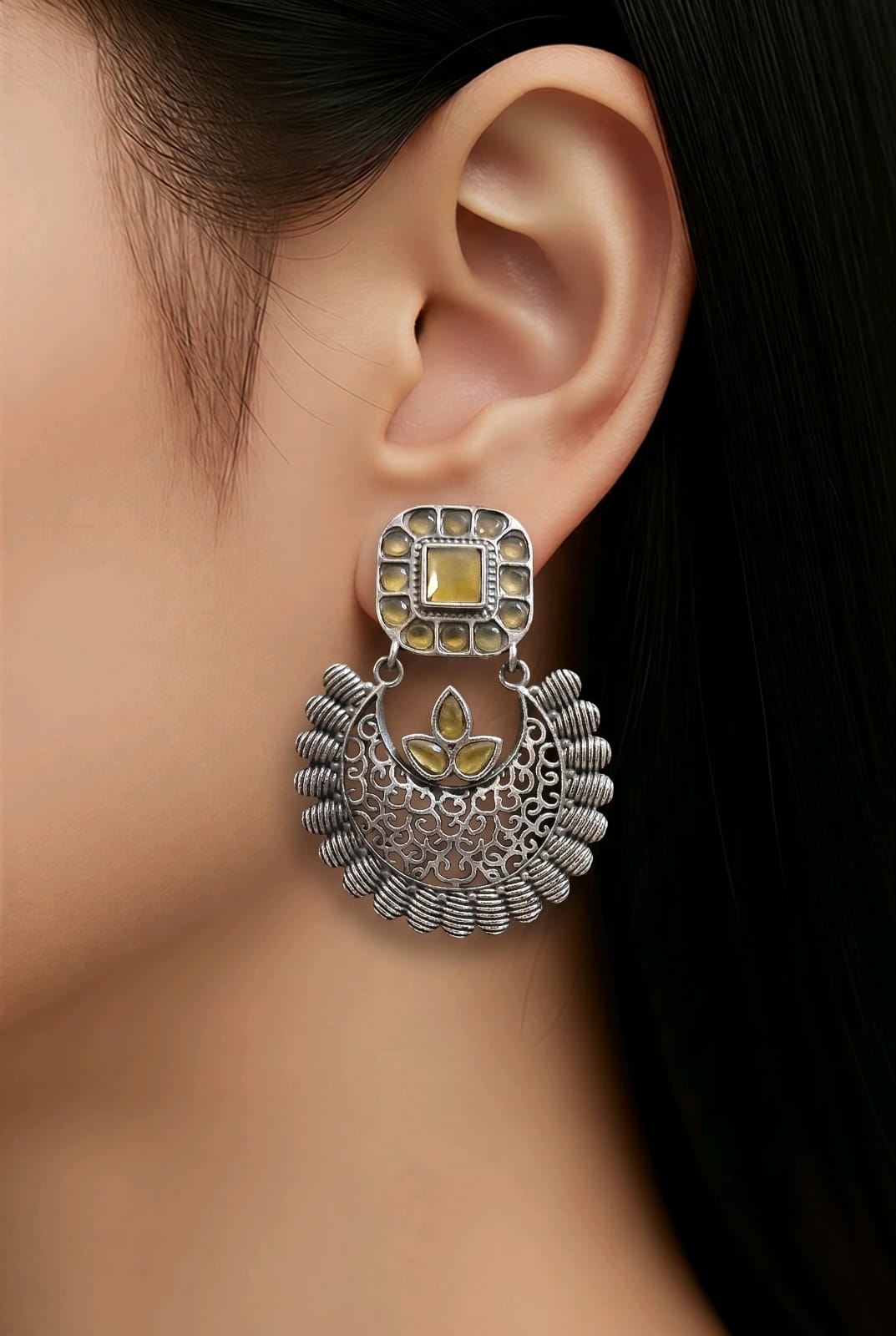 Aarvika Oxidised Silver Oxidized Yellow Stone Drop Earrings – side view