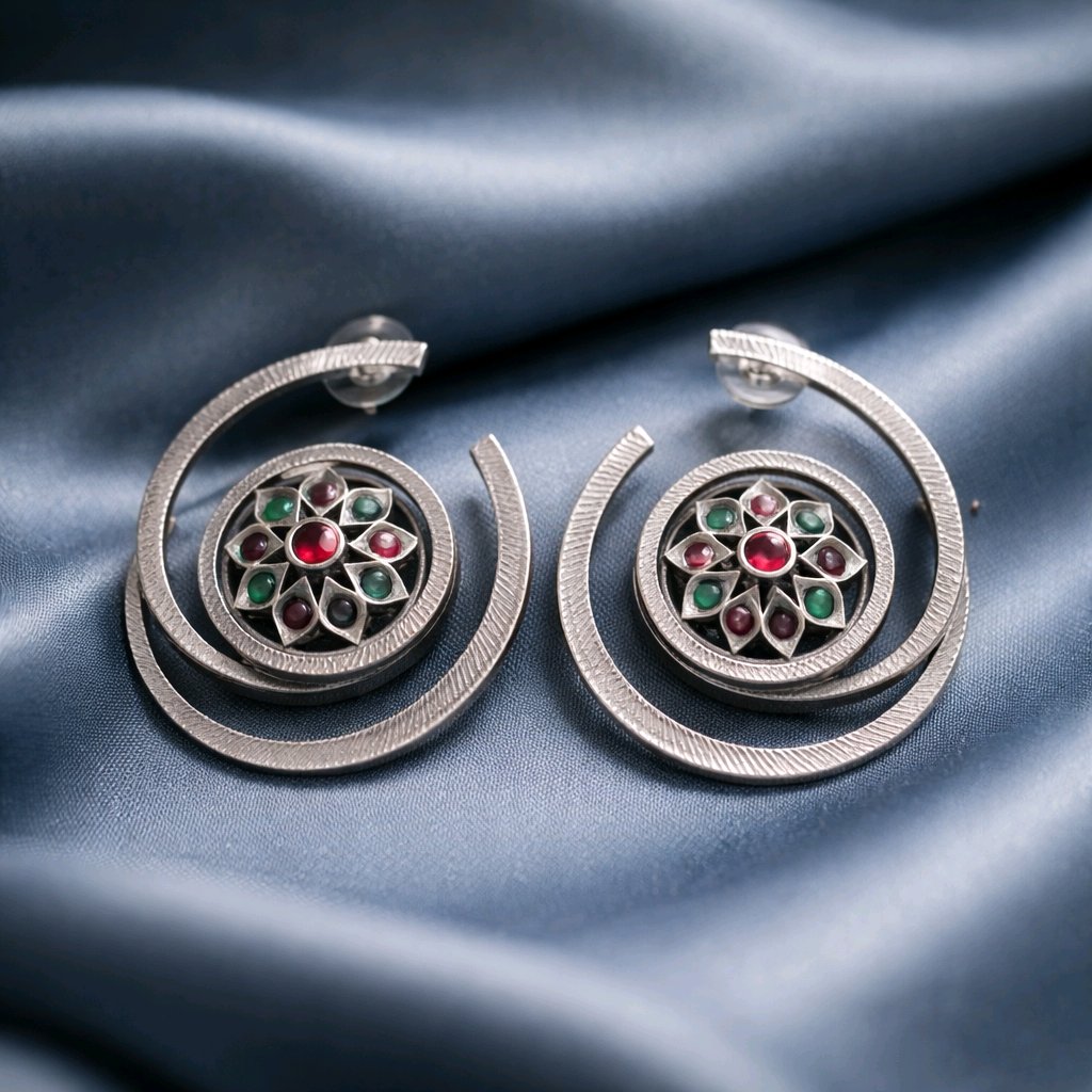 Aarvika Oxidised Silver Oxidized Spiral Statement Earrings – front view