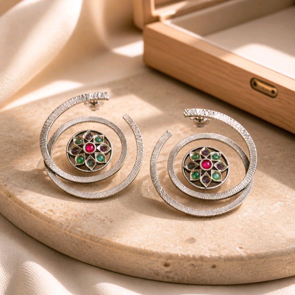 Aarvika Oxidised Silver Oxidized Spiral Statement Earrings – model wearing