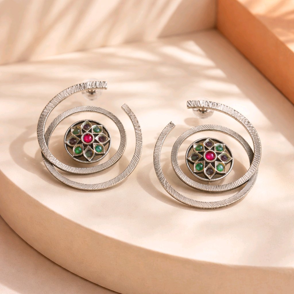 Aarvika Oxidised Silver Oxidized Spiral Statement Earrings – side view