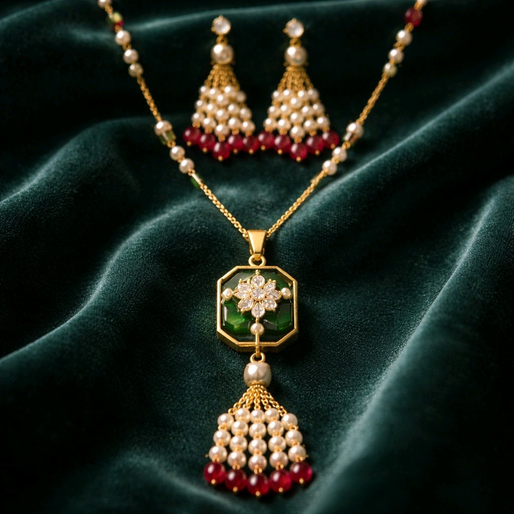 Aarvika Premium Gold-Plated Floral Pendant Necklace Set with Pearl – full set