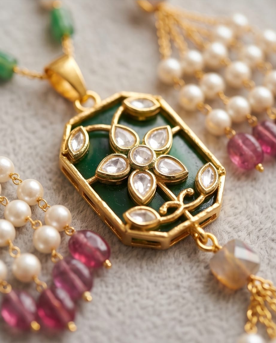 Aarvika Premium Gold-Plated Floral Pendant Necklace Set with Pearl – model wearing