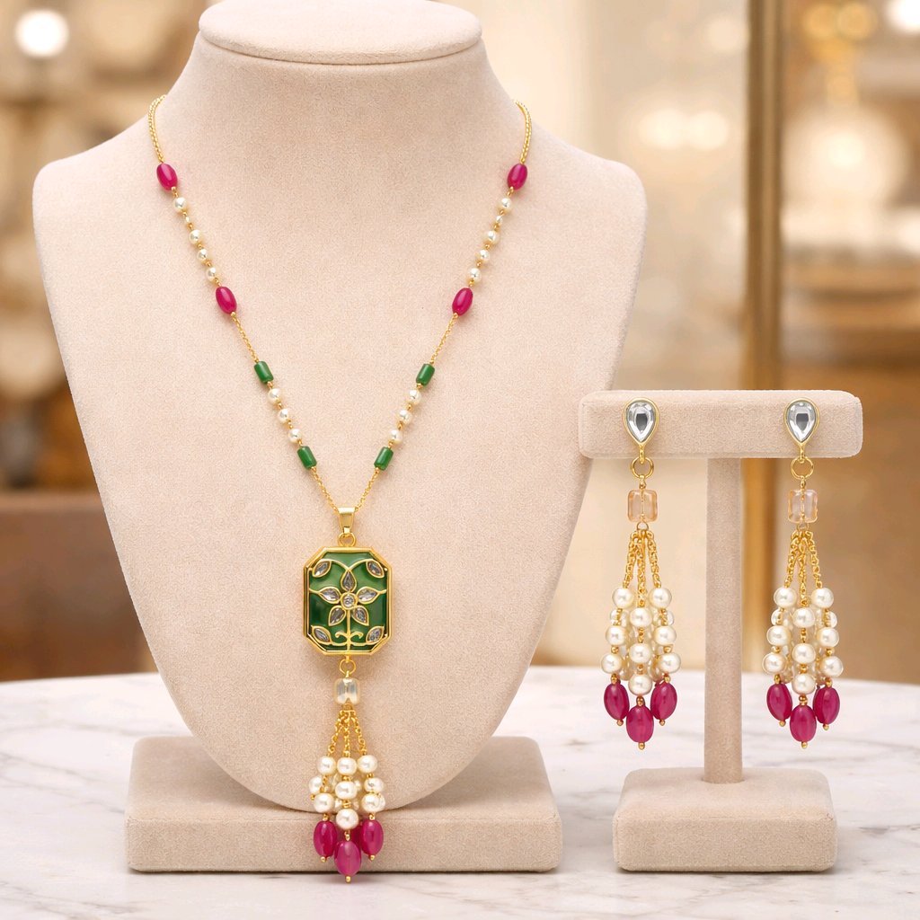 Aarvika Premium Gold-Plated Floral Pendant Necklace Set with Pearl – flat lay