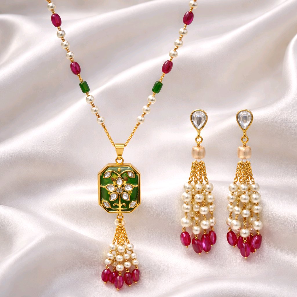 Aarvika Premium Gold-Plated Floral Pendant Necklace Set with Pearl – back view