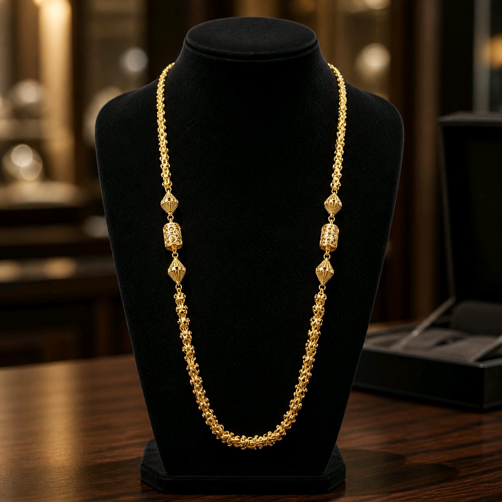 Aarvika 1.5GM Gold Forming Floral 1.5 GM Gold Forming Beaded Long Chain Necklace – front view