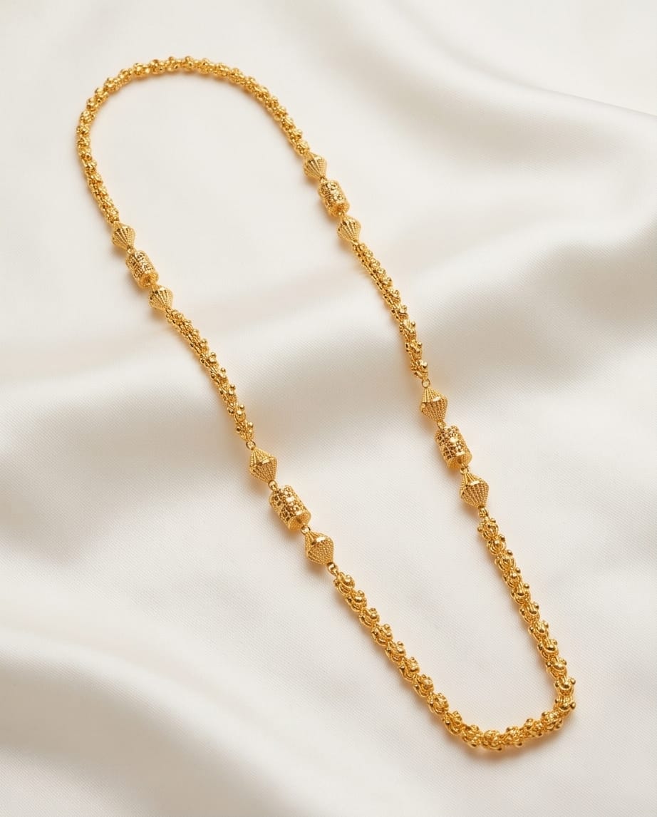 Aarvika 1.5GM Gold Forming Floral 1.5 GM Gold Forming Beaded Long Chain Necklace – full set