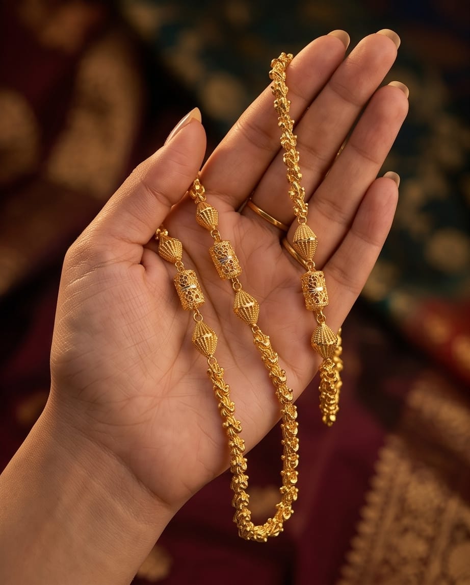 Aarvika 1.5GM Gold Forming Floral 1.5 GM Gold Forming Beaded Long Chain Necklace – flat lay