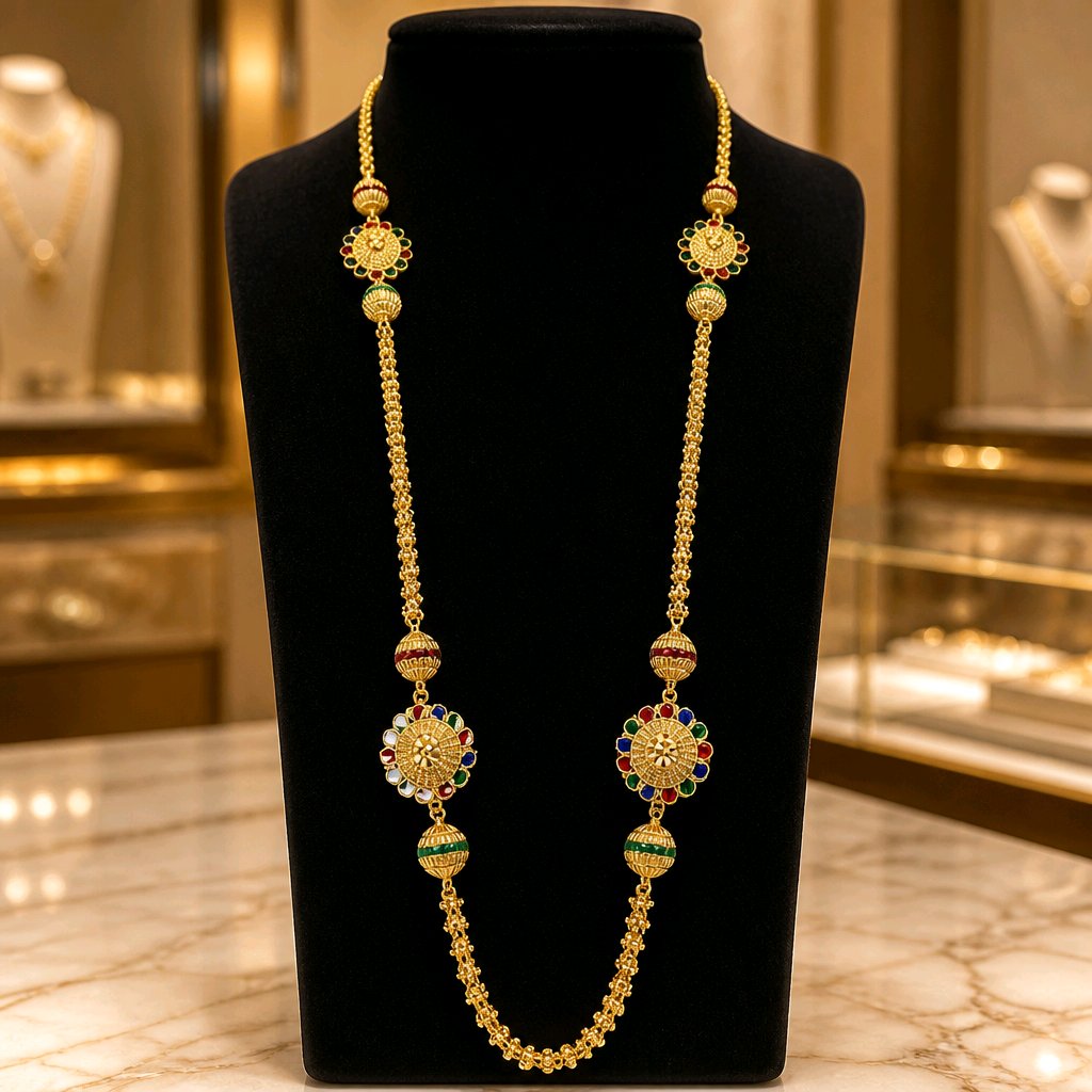 Aarvika 1.5GM Gold Forming Meenakari 1.5 GM Gold Forming Long Chain Necklace – front view