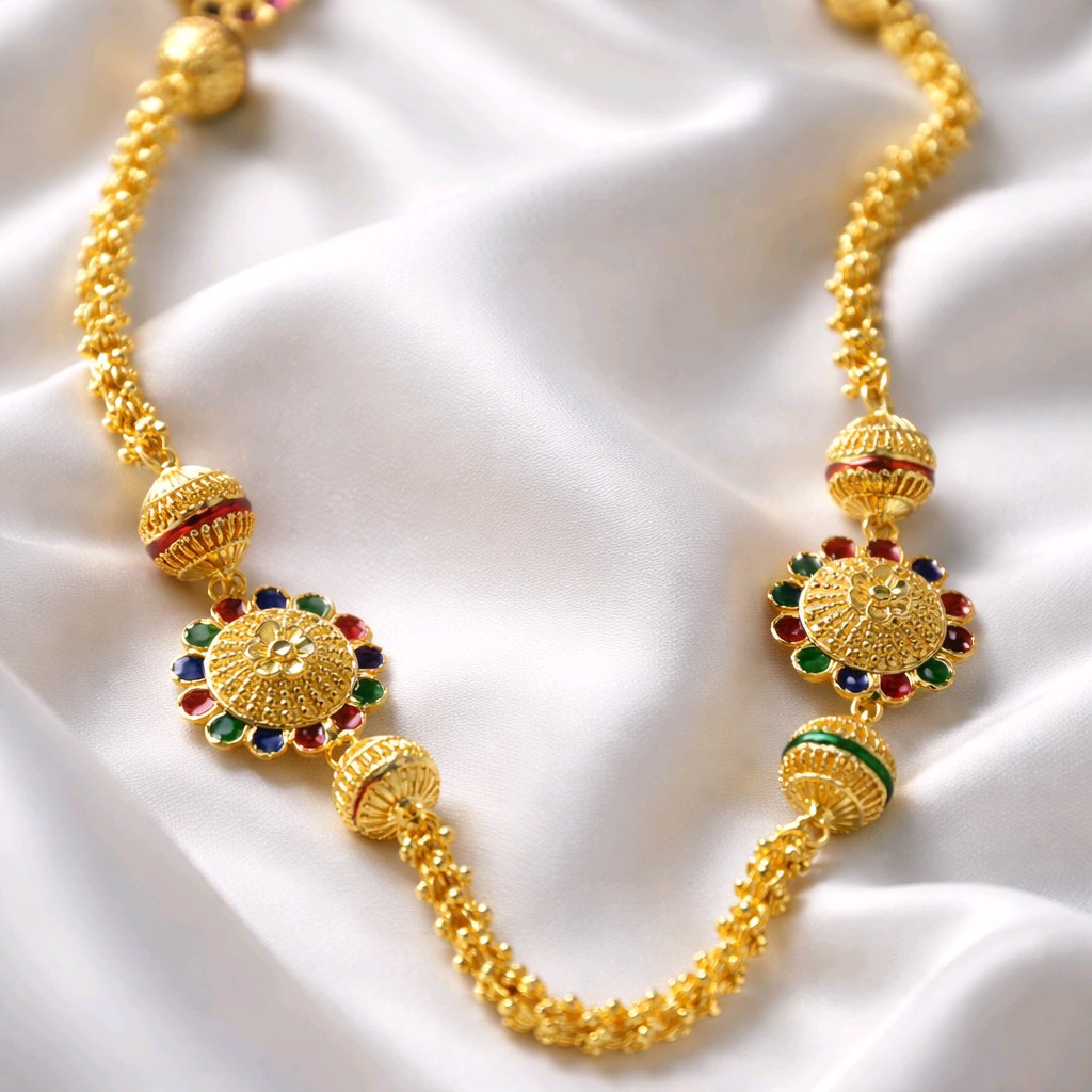 Aarvika 1.5GM Gold Forming Meenakari 1.5 GM Gold Forming Long Chain Necklace – flat lay