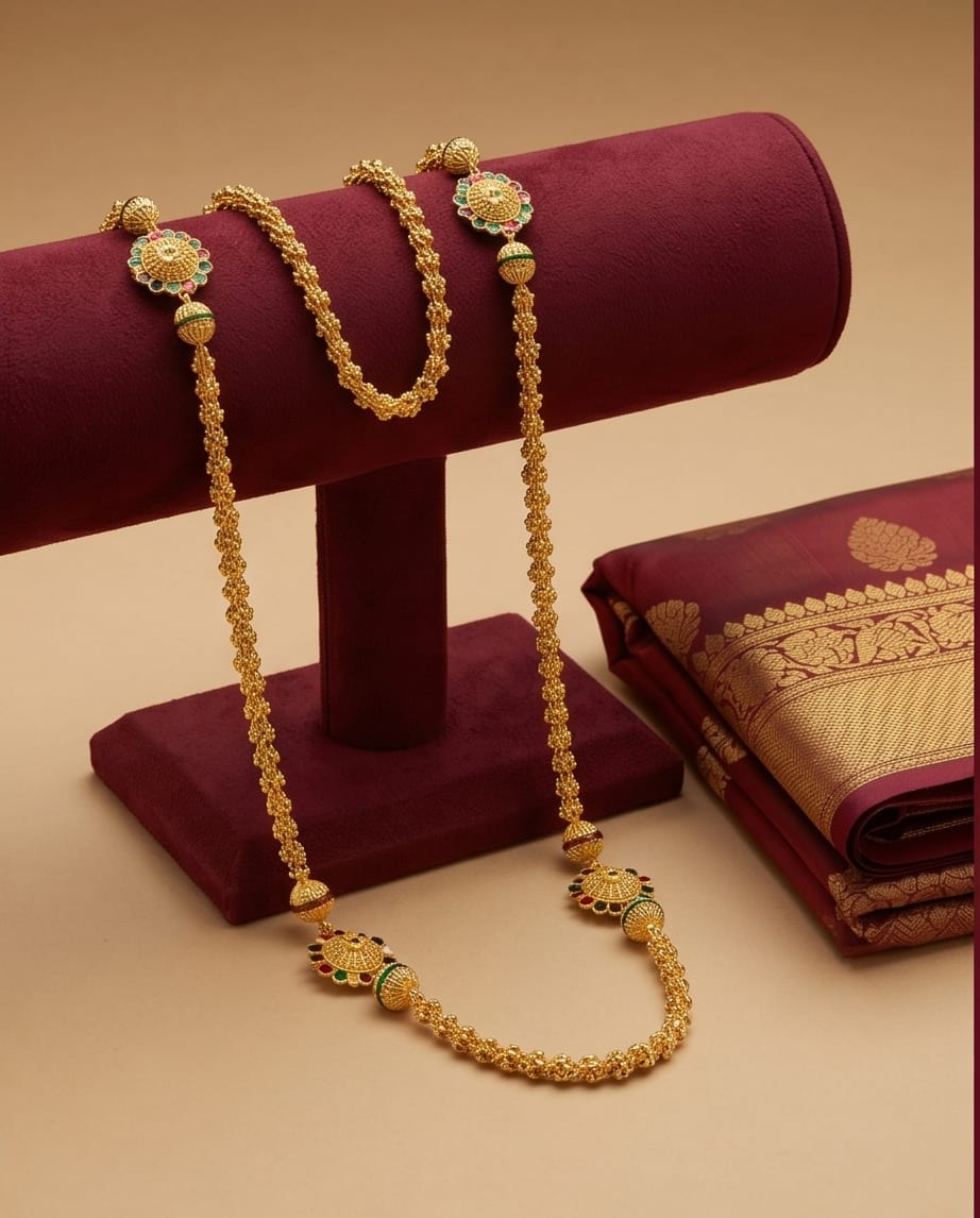 Aarvika 1.5GM Gold Forming Meenakari 1.5 GM Gold Forming Long Chain Necklace – model wearing