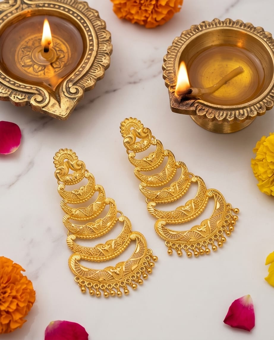 Aarvika 1.5GM Gold Forming Traditional Layered 1.5 GM Gold Forming Dangle Earrings – side view