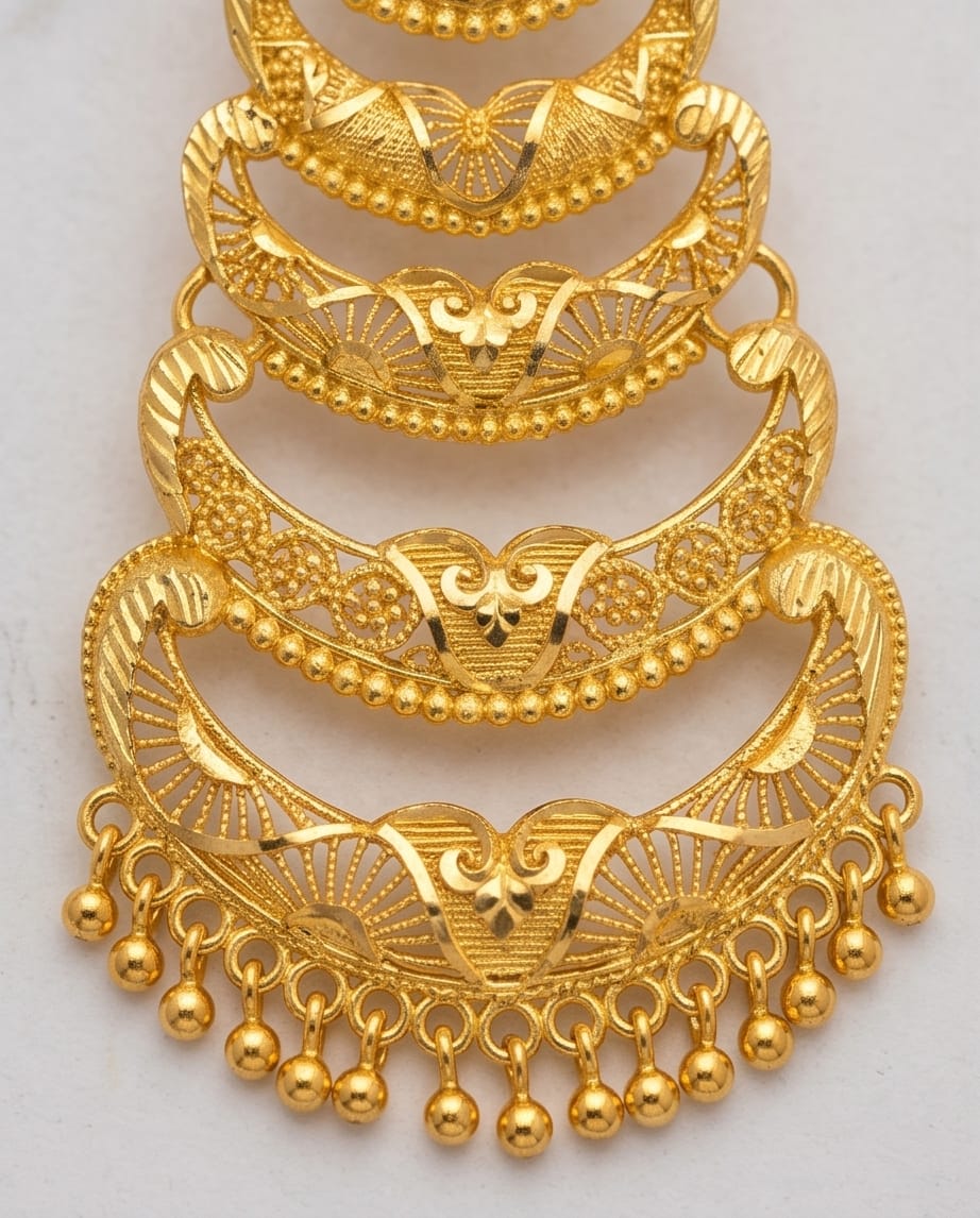 Aarvika 1.5GM Gold Forming Traditional Layered 1.5 GM Gold Forming Dangle Earrings – model wearing