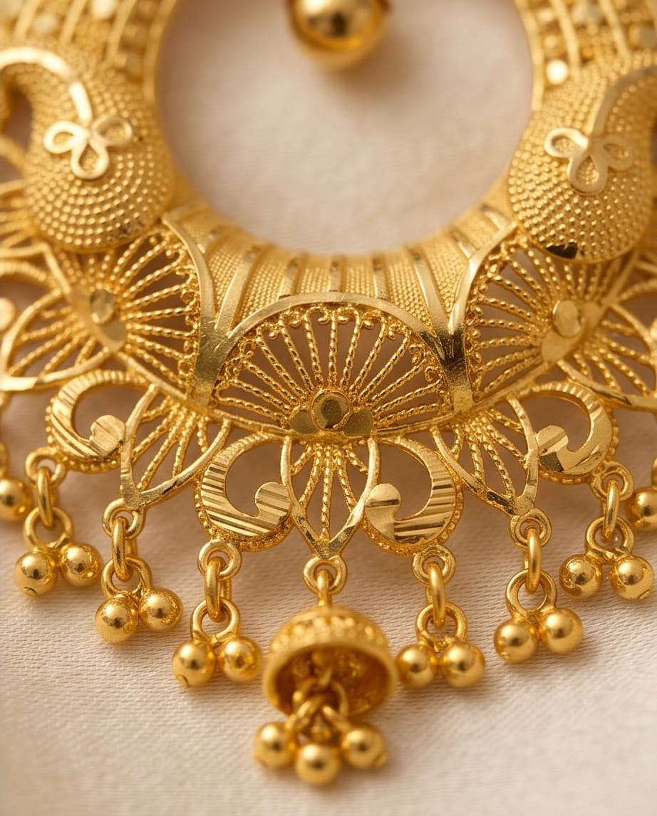 Aarvika 1.5GM Gold Forming Traditional 1.5 GM Gold Forming Filigree Chandbali Earrings – model wearing