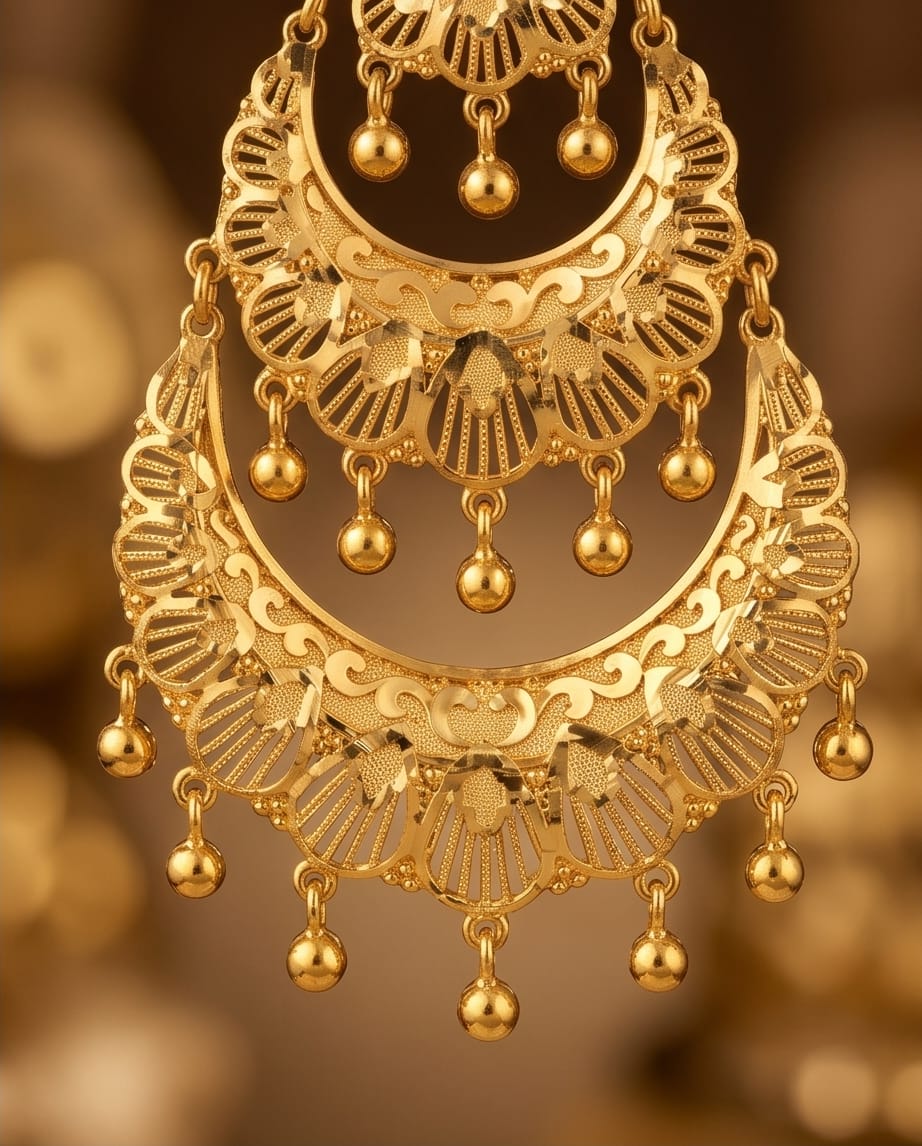 Aarvika 1.5GM Gold Forming Layered Chandbali 1.5 GM Gold Forming Earrings – model wearing