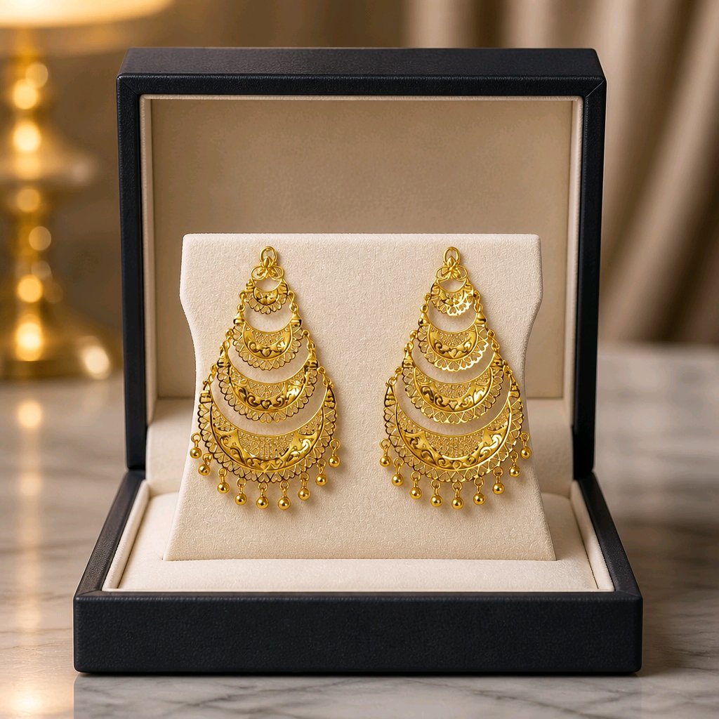 Aarvika 1.5GM Gold Forming Layered Filigree 1.5 GM Gold Forming Chandbali Earrings – full set