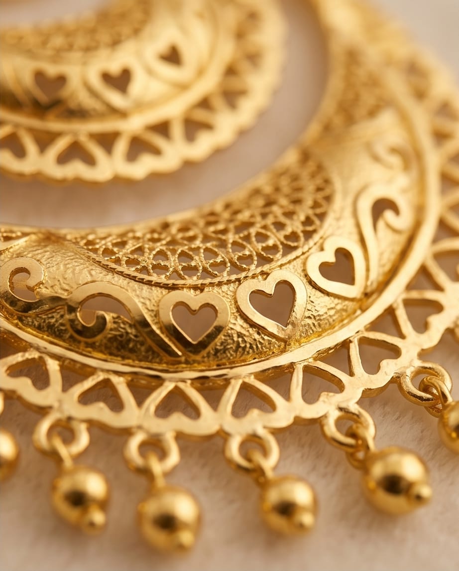 Aarvika 1.5GM Gold Forming Layered Filigree 1.5 GM Gold Forming Chandbali Earrings – model wearing