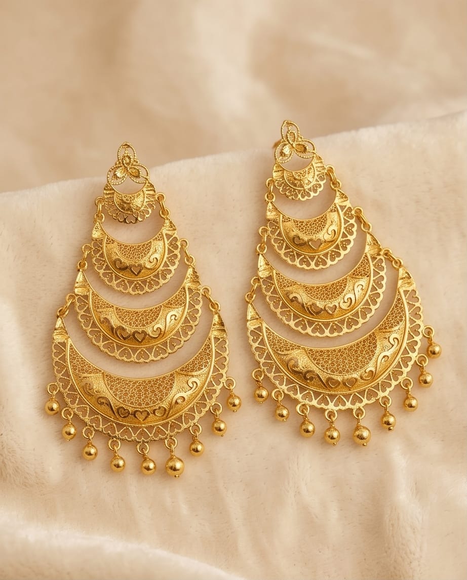 Aarvika 1.5GM Gold Forming Layered Filigree 1.5 GM Gold Forming Chandbali Earrings – flat lay