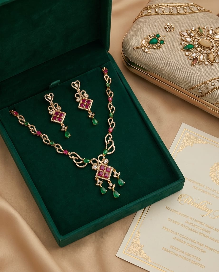 Aarvika American Diamond Premium Pink & Green AD Necklace Set – back view