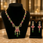 Aarvika American Diamond Premium Pink & Green AD Necklace Set – front view
