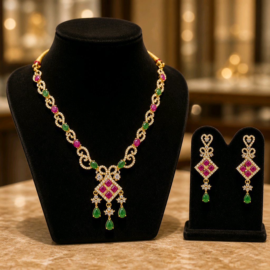 Aarvika American Diamond Premium Pink & Green AD Necklace Set – front view
