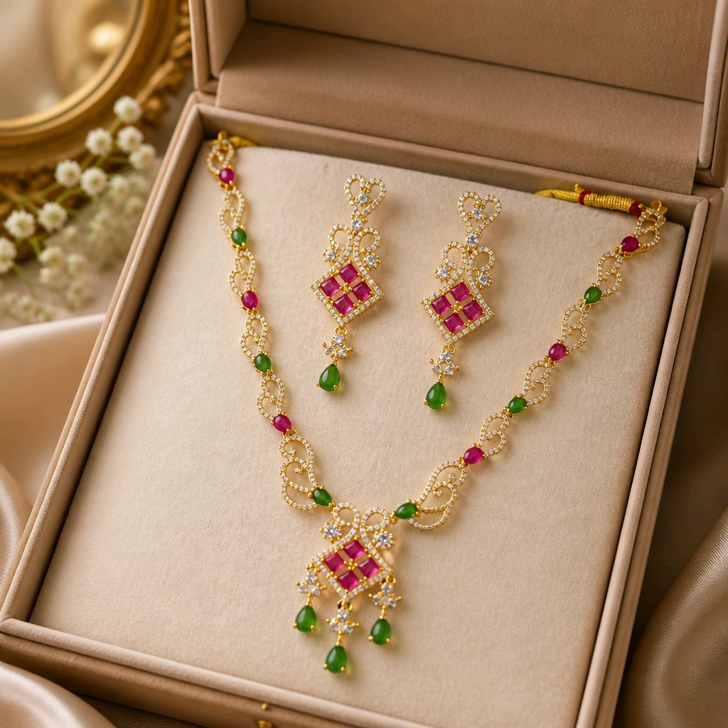 Aarvika American Diamond Premium Pink & Green AD Necklace Set – side view