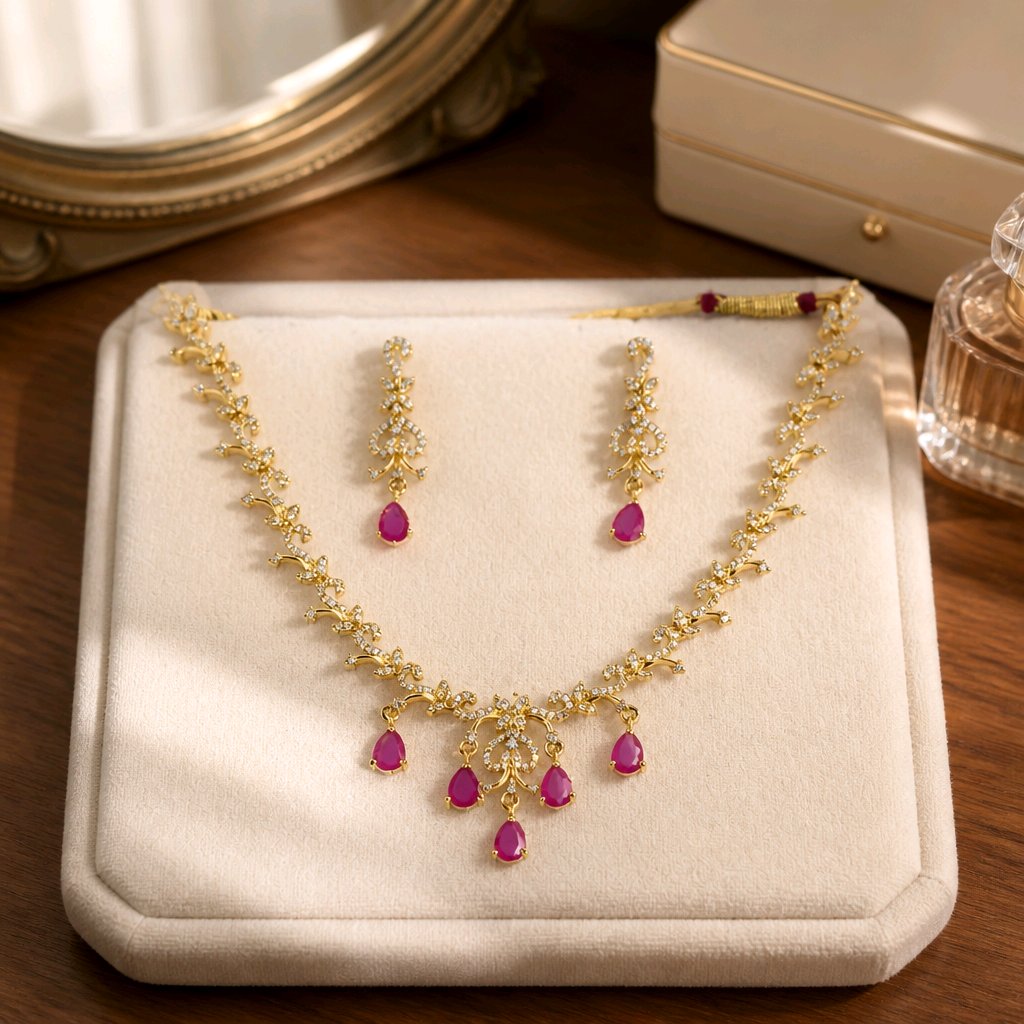 Aarvika American Diamond Premium Ruby Red AD Necklace Set – side view