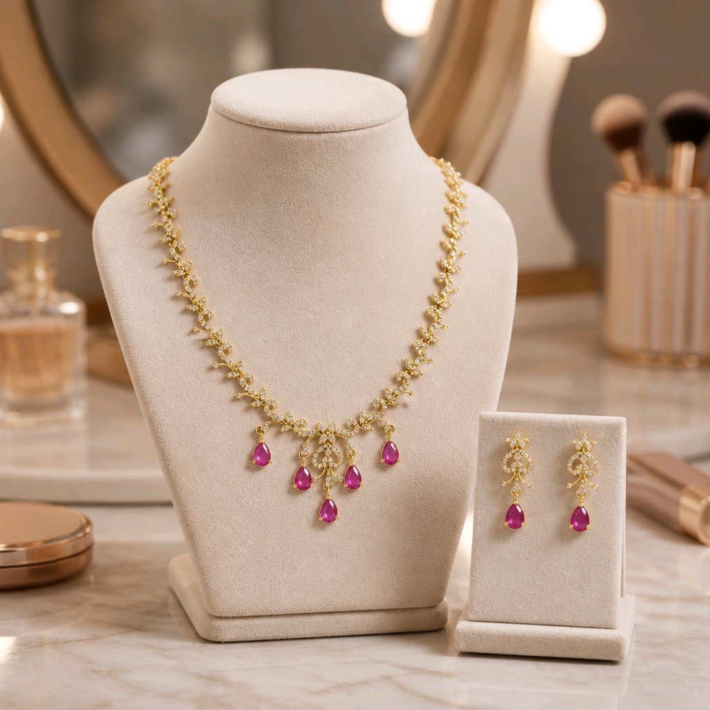 Aarvika American Diamond Premium Ruby Red AD Necklace Set – front view