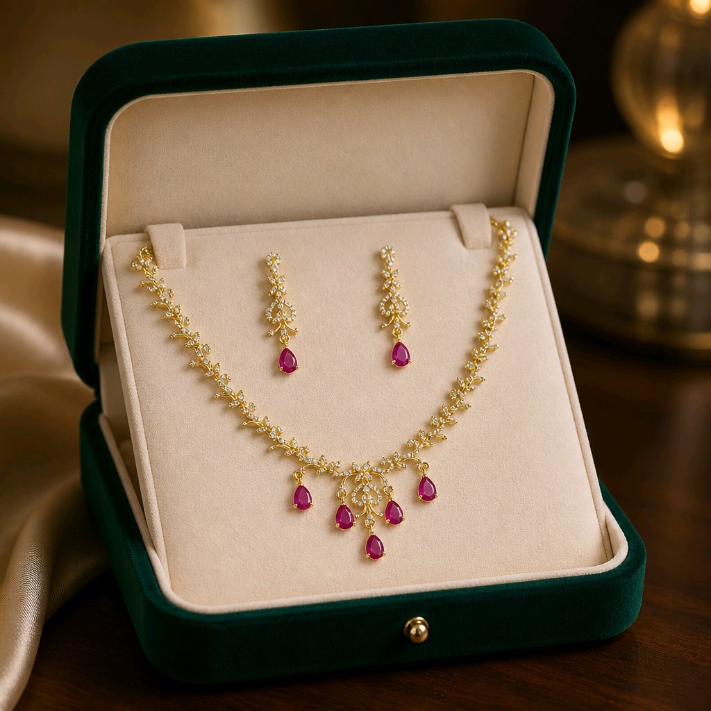 Aarvika American Diamond Premium Ruby Red AD Necklace Set – back view