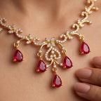 Aarvika American Diamond Premium Ruby Red AD Necklace Set – model wearing