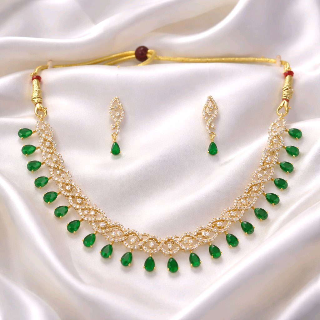 Aarvika American Diamond Premium Emerald Green AD Necklace Set – back view