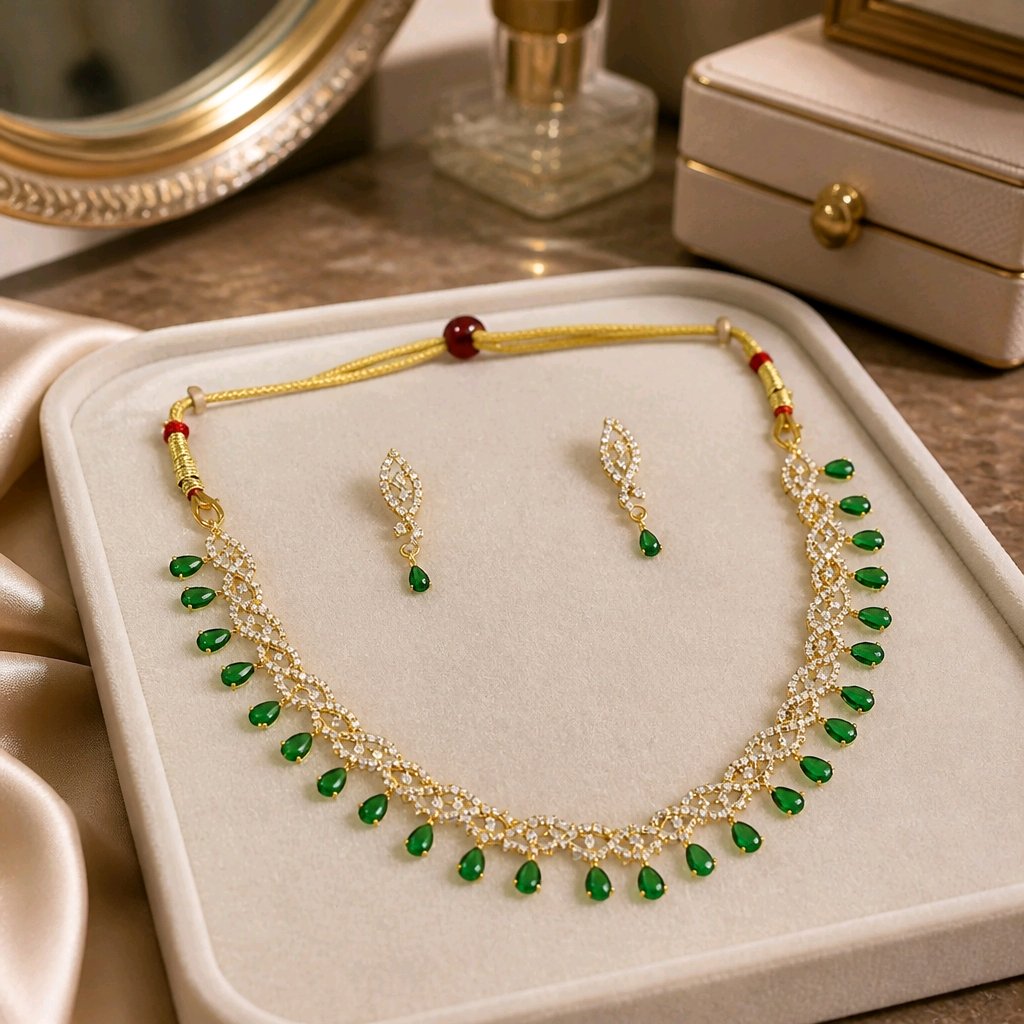 Aarvika American Diamond Premium Emerald Green AD Necklace Set – full set
