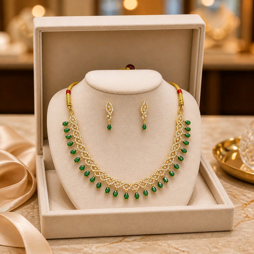 Aarvika American Diamond Premium Emerald Green AD Necklace Set – flat lay