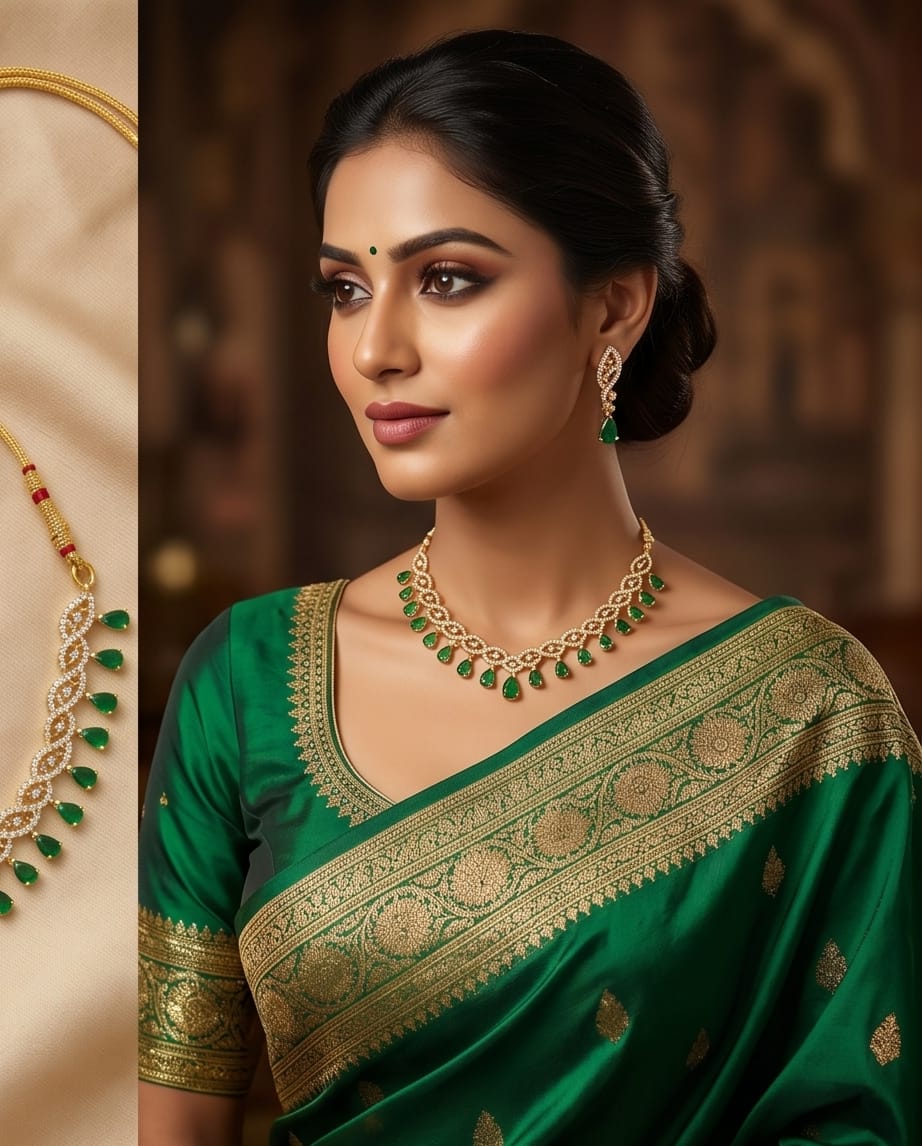 Aarvika American Diamond Premium Emerald Green AD Necklace Set – close-up detail