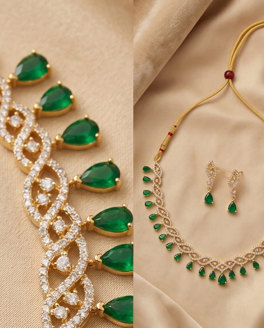 Aarvika American Diamond Premium Emerald Green AD Necklace Set – model wearing