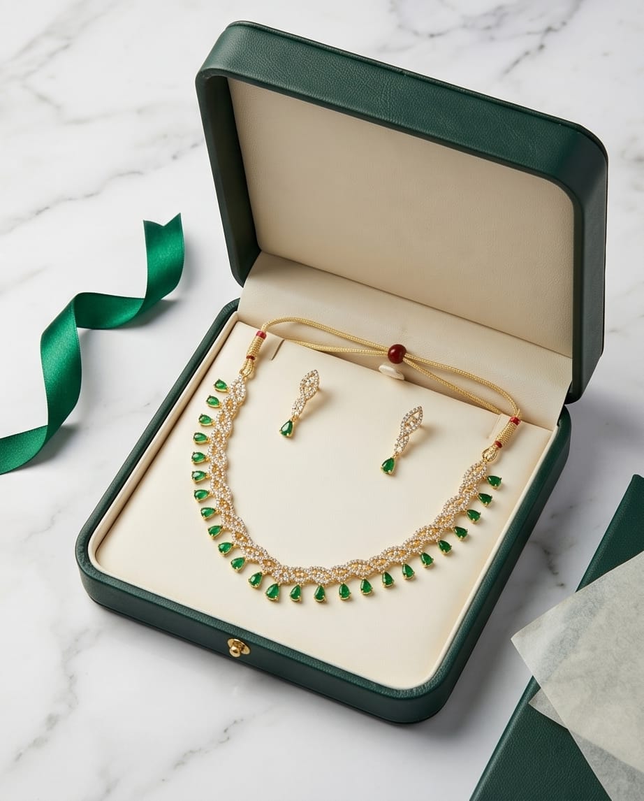 Aarvika American Diamond Premium Emerald Green AD Necklace Set – side view