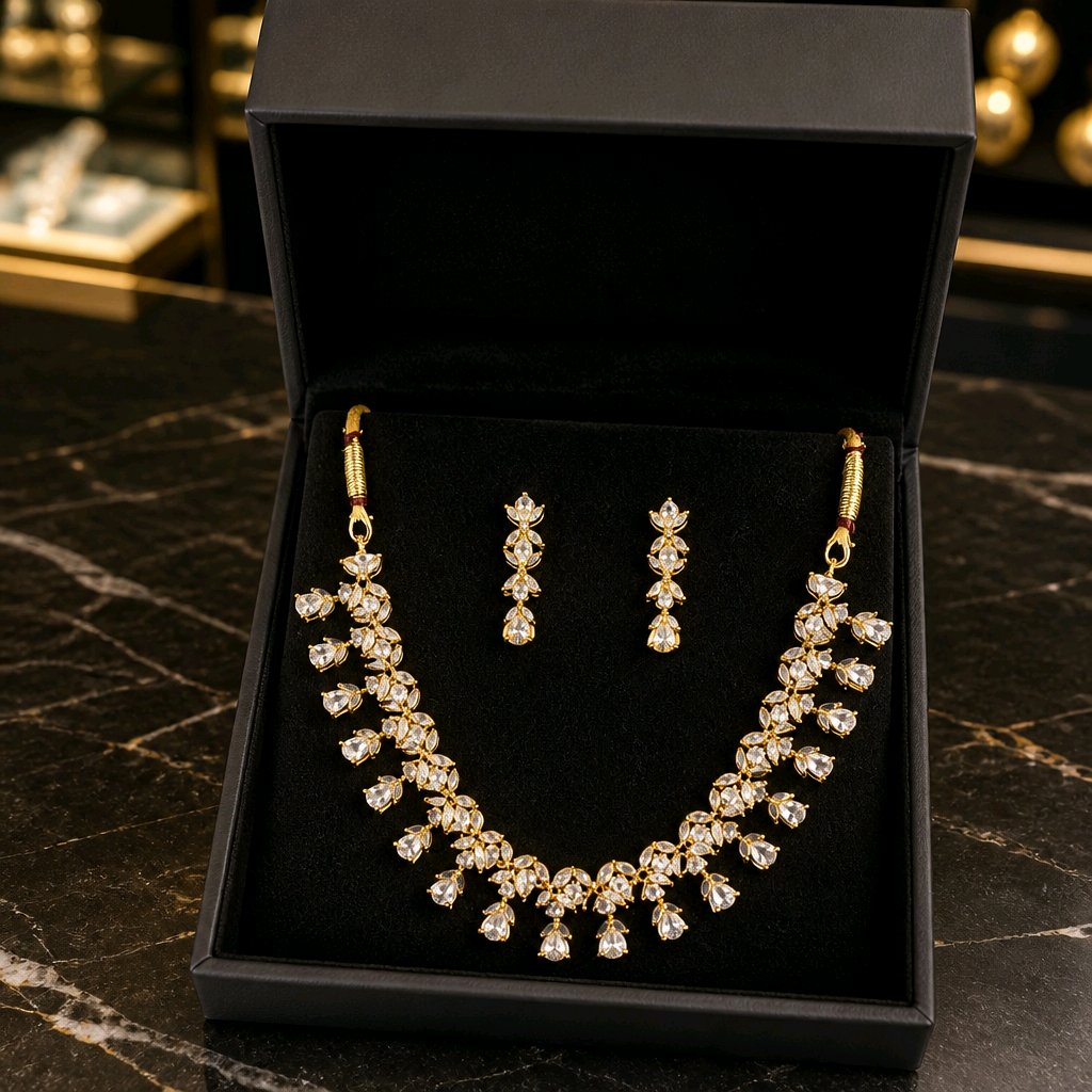 Aarvika American Diamond Luxury AD Floral Necklace Set – back view