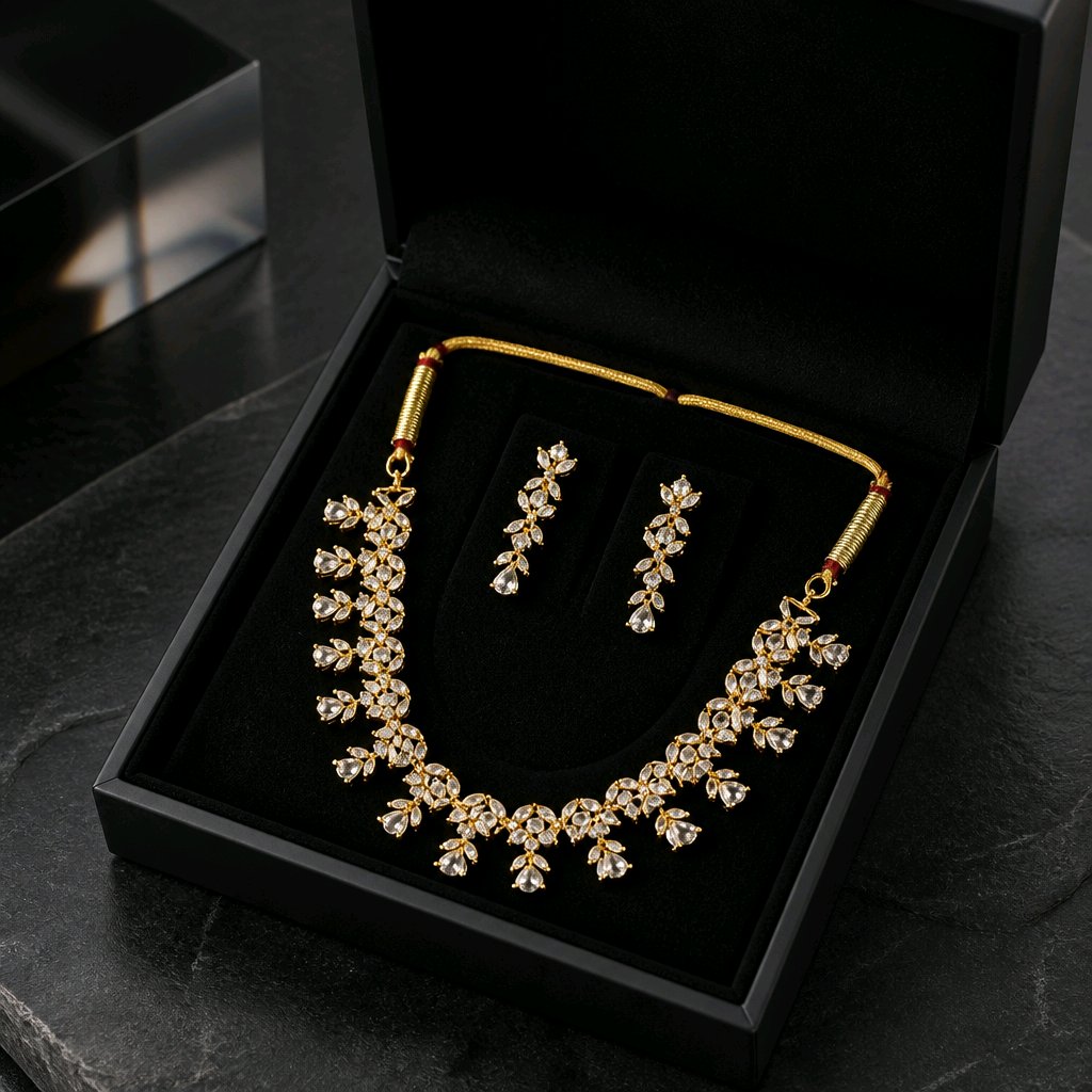 Aarvika American Diamond Luxury AD Floral Necklace Set – side view