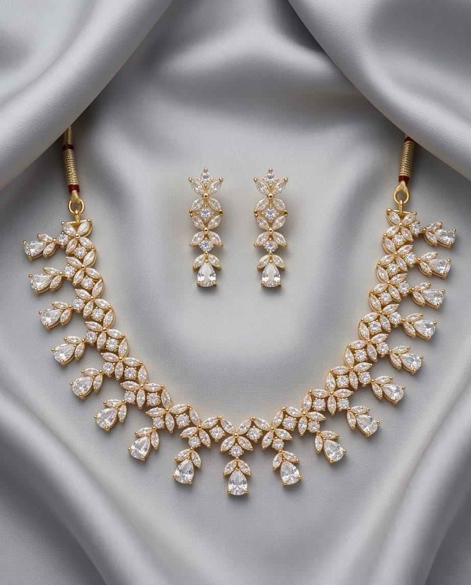 Aarvika American Diamond Luxury AD Floral Necklace Set – flat lay