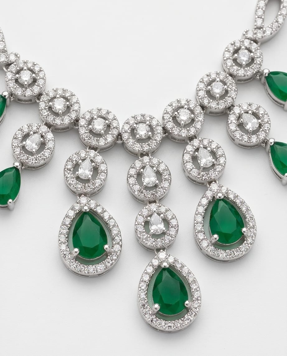 Aarvika American Diamond Premium Green AD Necklace Set – model wearing