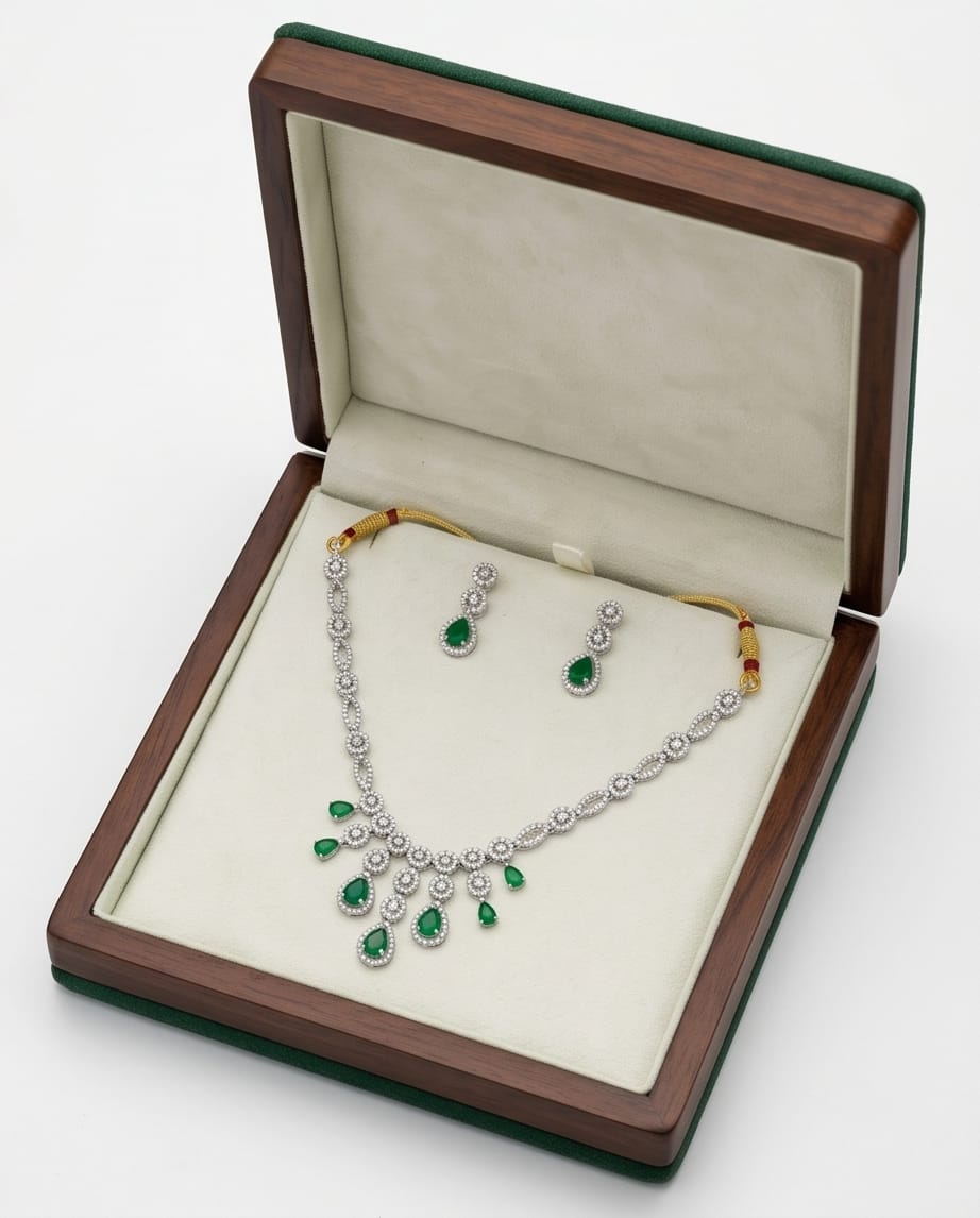 Aarvika American Diamond Premium Green AD Necklace Set – side view