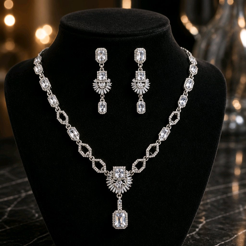 Aarvika American Diamond Premium Silver AD Necklace Set – front view
