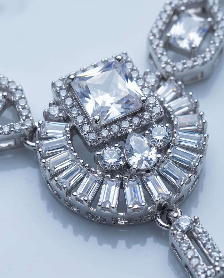 Aarvika American Diamond Premium Silver AD Necklace Set – flat lay
