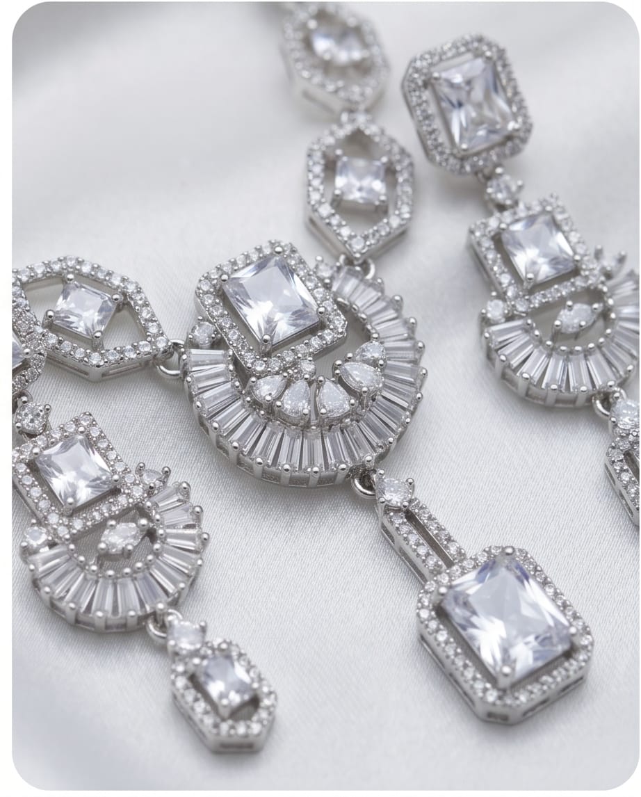 Aarvika American Diamond Premium Silver AD Necklace Set – model wearing