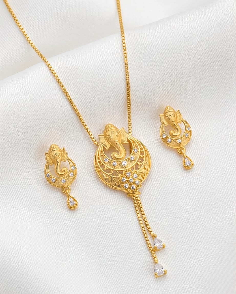 Aarvika Divine Ganesha Pendant Necklace Set - Gold-Plated Pendant with Matching Earrings