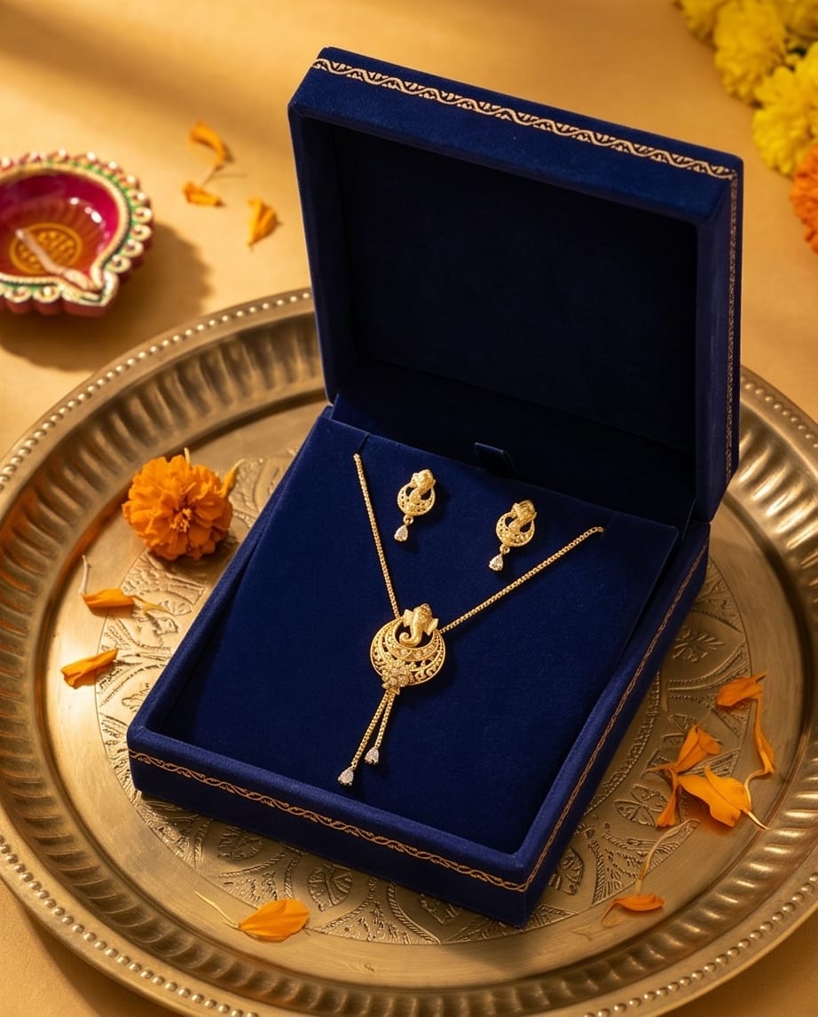Aarvika Divine Ganesha Pendant Necklace Set - Gold-Plated Pendant with Matching Earrings