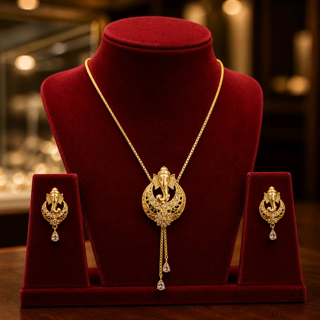 Aarvika Divine Ganesha Pendant Necklace Set - Gold-Plated Pendant with Matching Earrings
