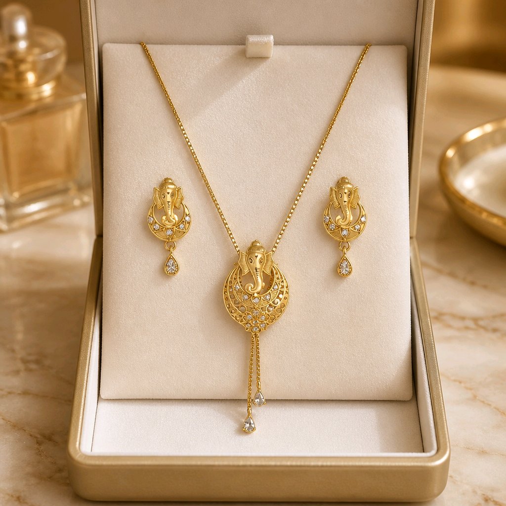Aarvika Divine Ganesha Pendant Necklace Set - Gold-Plated Pendant with Matching Earrings