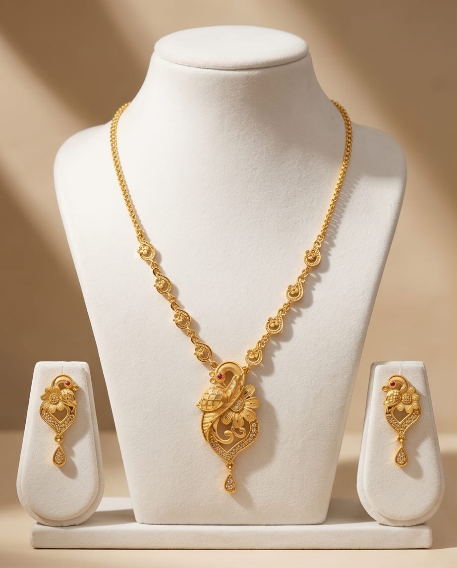 Aarvika Peacock & Floral Pendant Necklace Set - Gold-Plated Designer Pendant with Matching Earrings
